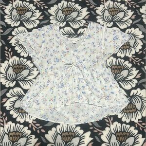 Pink Rose White and Blue Floral Blouse with Ruffled Details